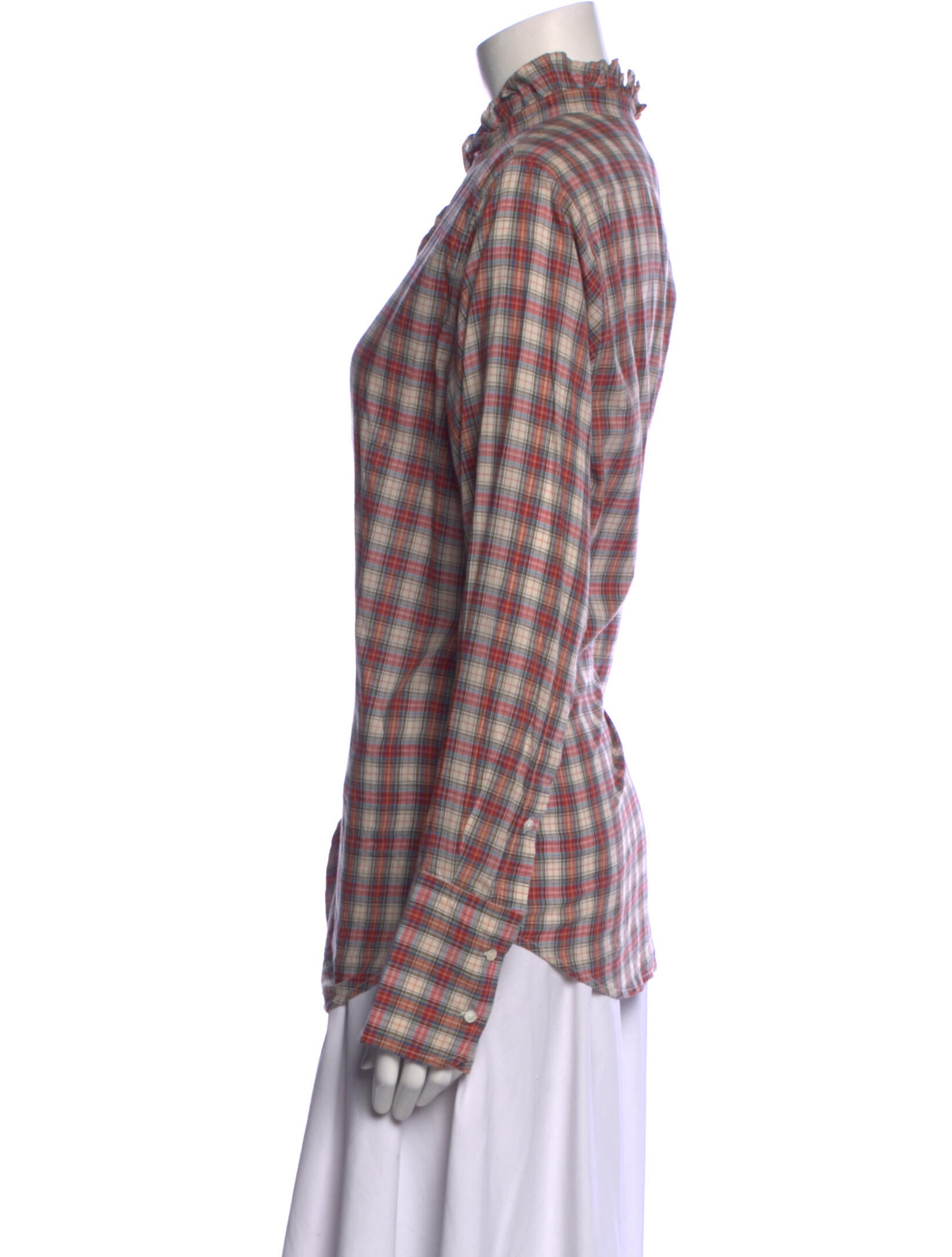 Nili Lotan Plaid Print Mock Neck Button-Up Top