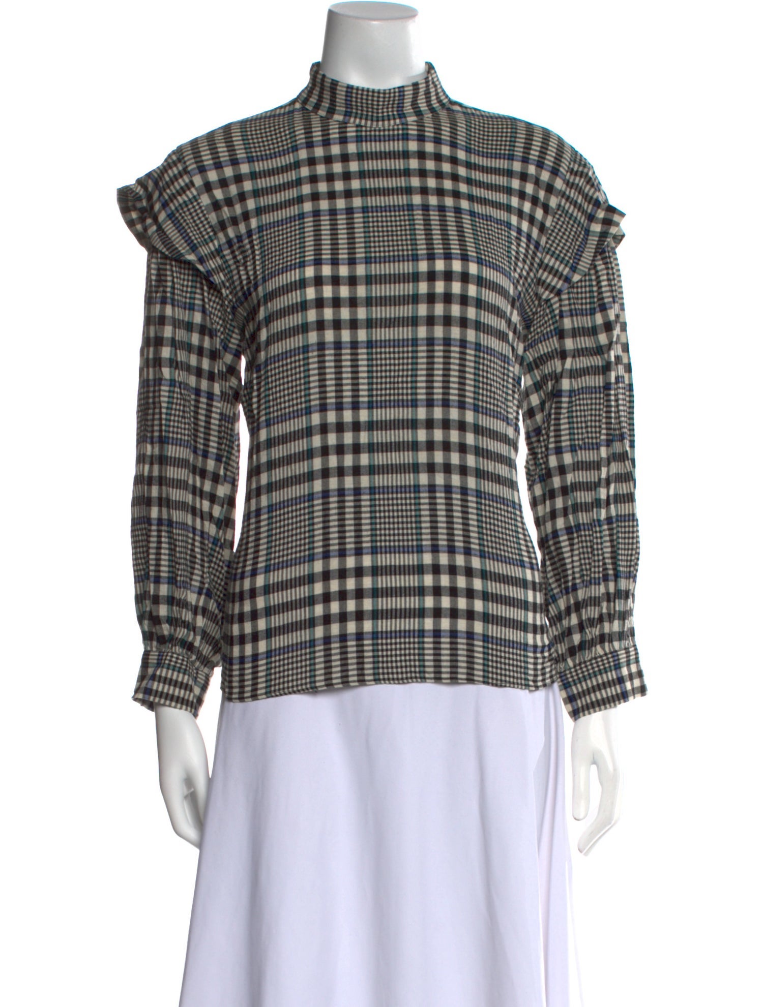 No. 6 Store Plaid Print Mock Neck Blouse