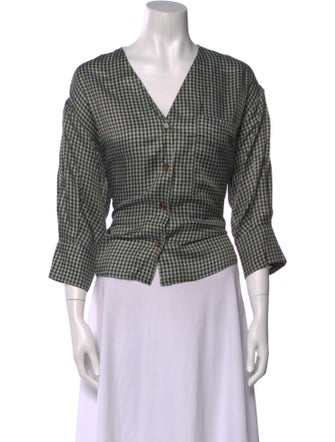 No. 6 Store Plaid Print V-Neck Button-Up Top