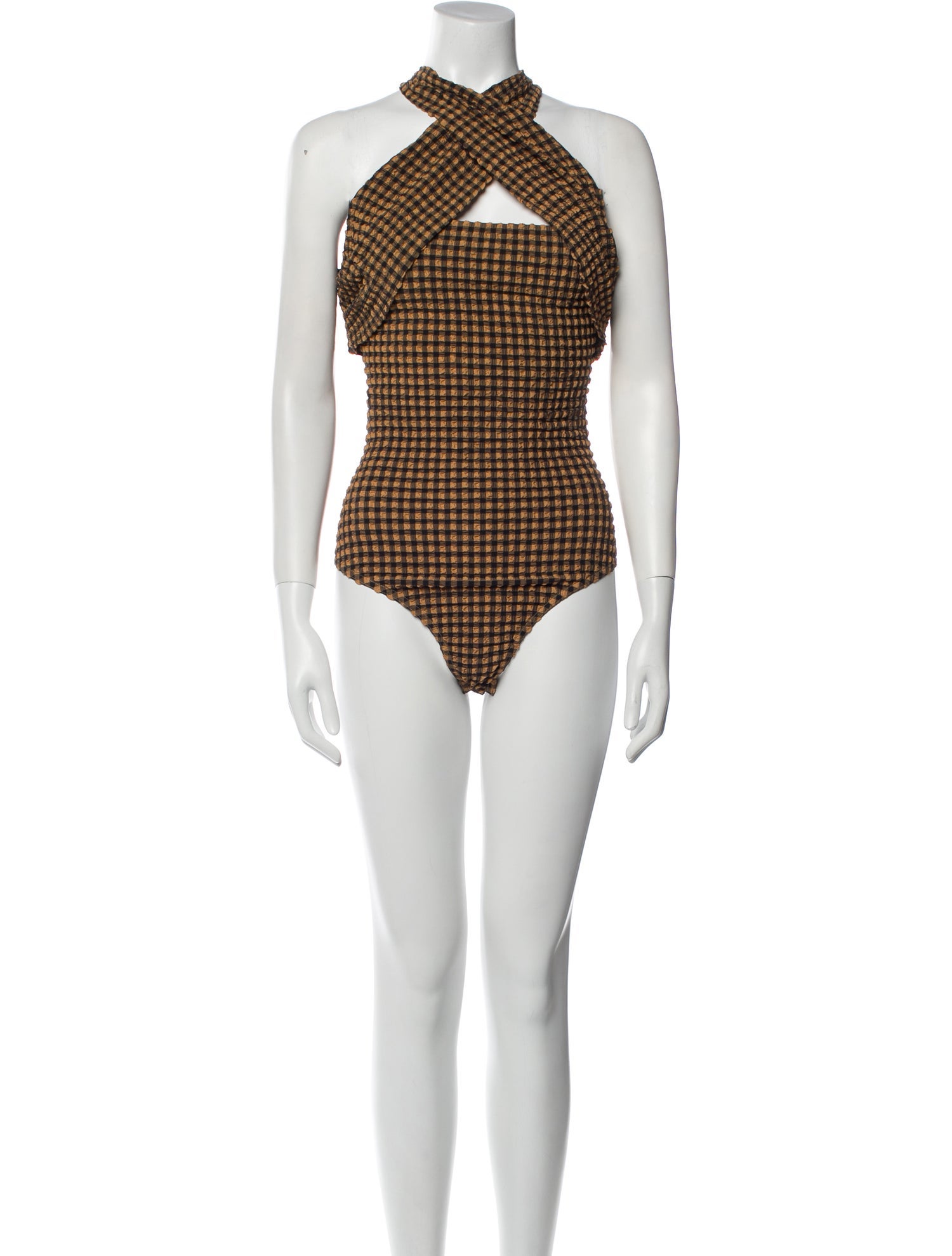 Nanushka Plaid Print V-Neck Bodysuit