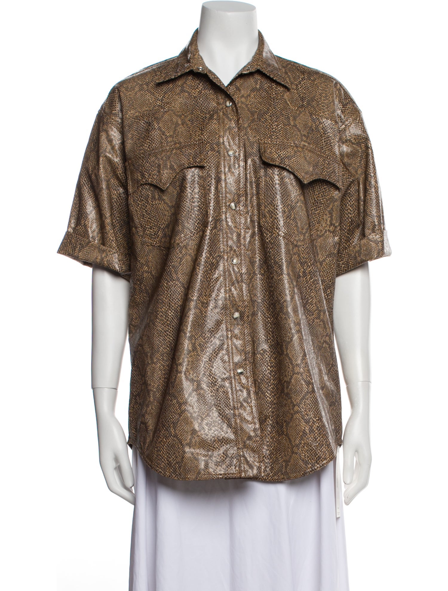 Nanushka Animal Print Short Sleeve Button-Up Top