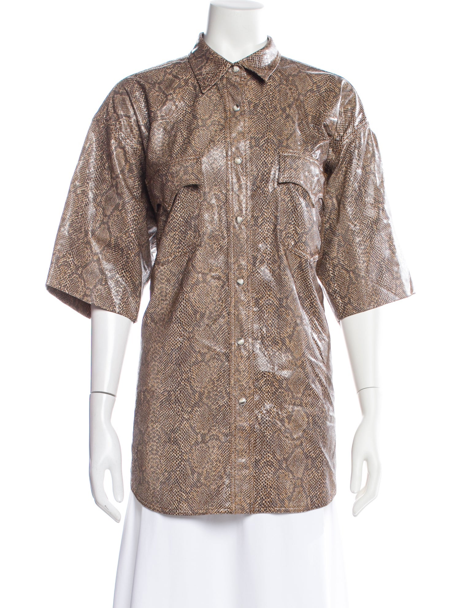 Nanushka Faux Leather Animal Print Button-Up Top