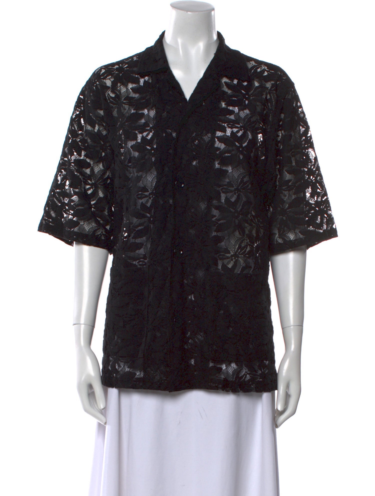 Needles Lace Pattern Short Sleeve Button-Up Top