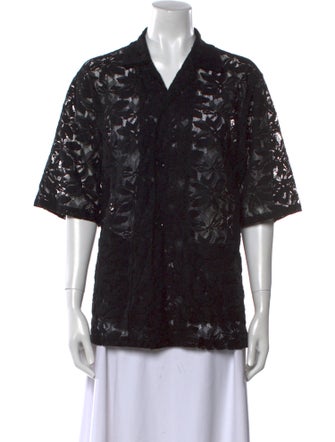 Needles Lace Pattern Short Sleeve Button-Up Top