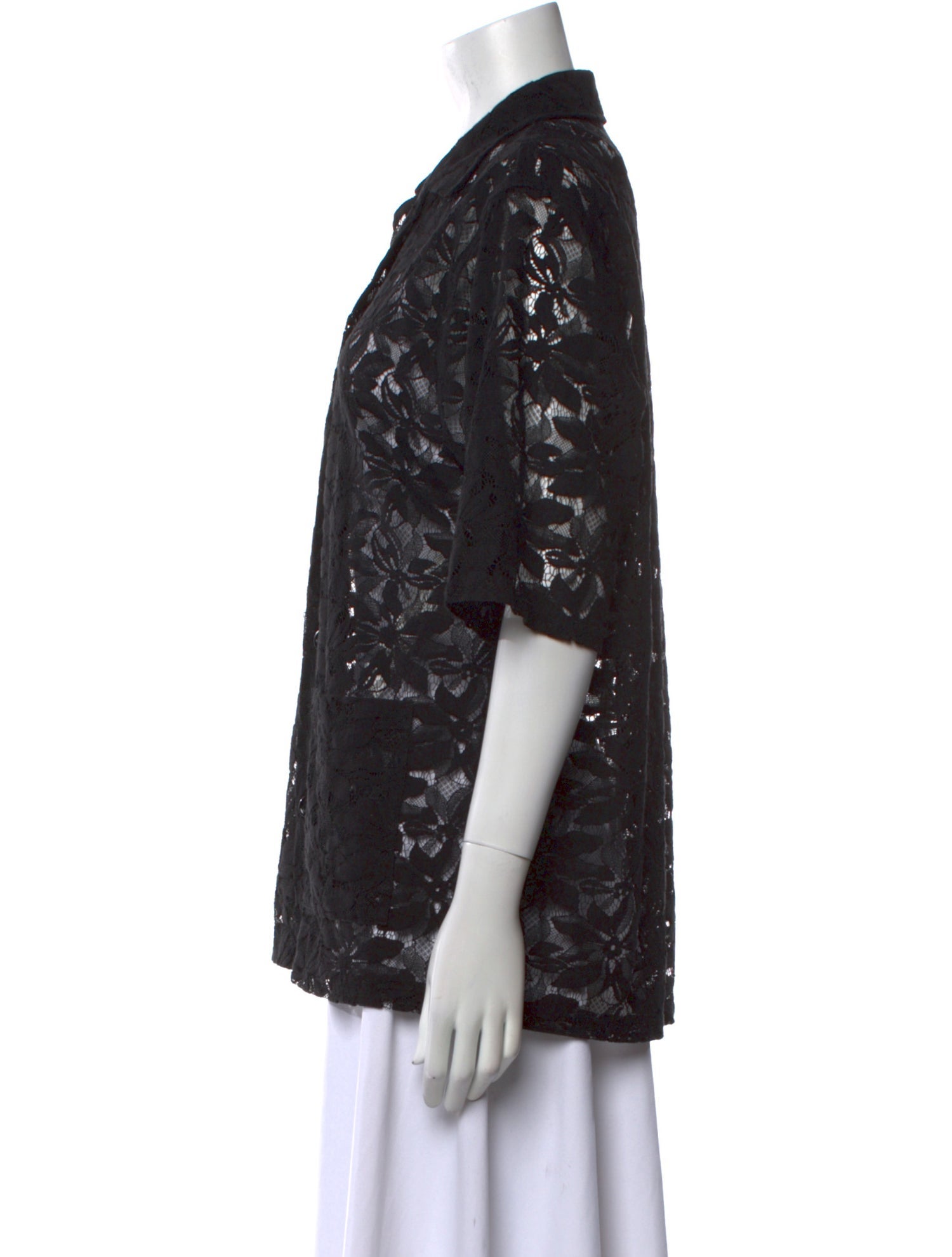 Needles Lace Pattern Short Sleeve Button-Up Top