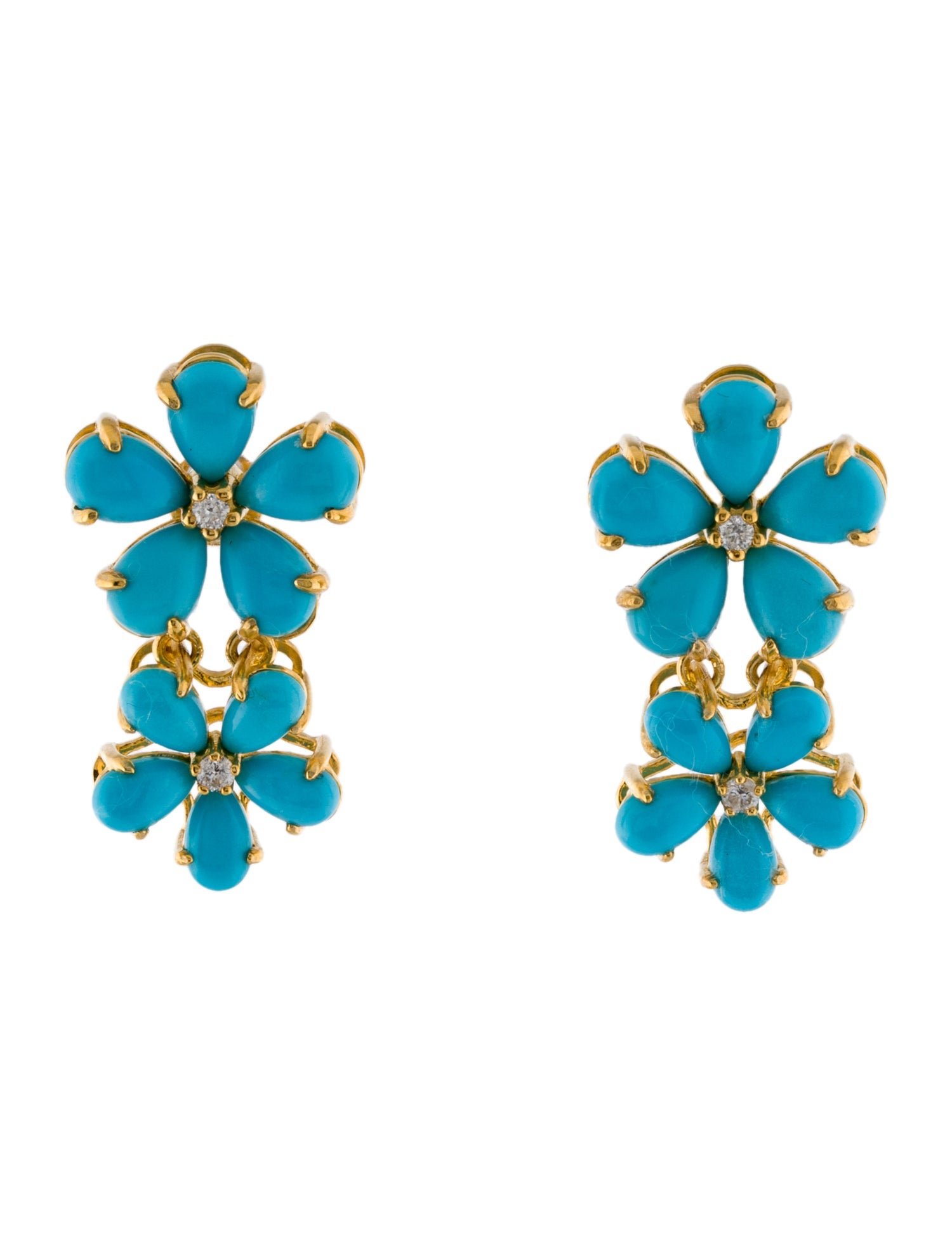Nina Zhou 14K Turquoise & Diamond Double Blossom Drop Earrings