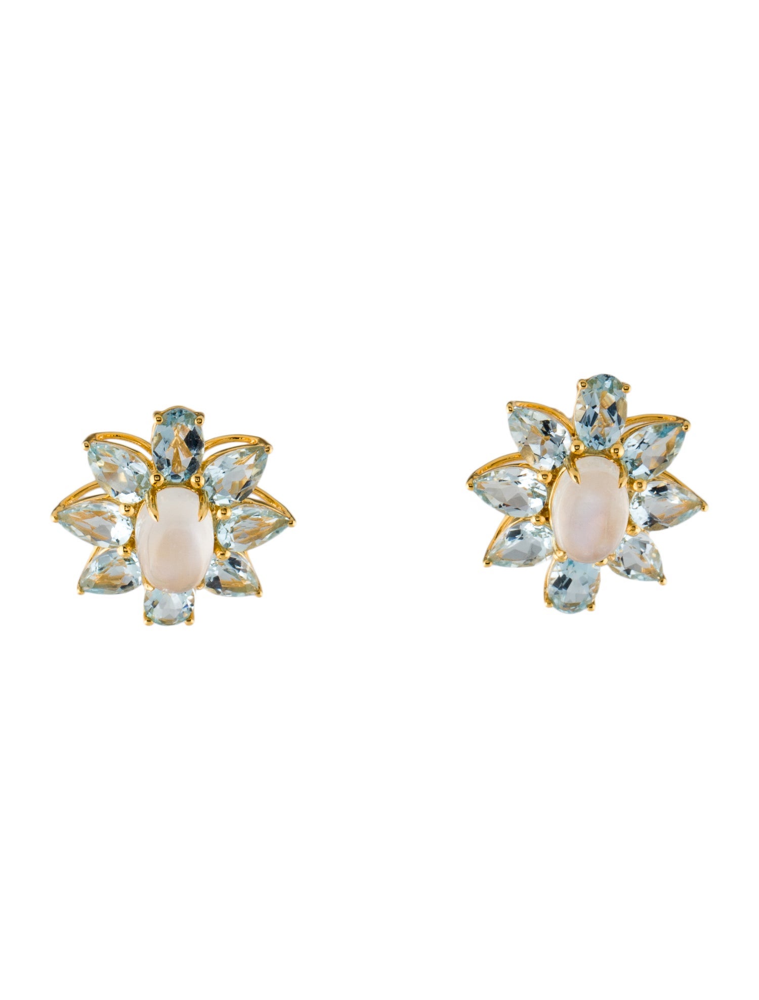 Nina Zhou 14K 5.39ctw Aquamarine & Moonstone Flower Stud Earrings