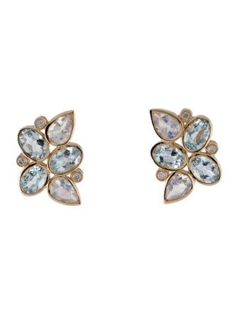 Nina Zhou 14K Aquamarine, Moonstone Labradorite, & Diamond Cluster Stud Earrings