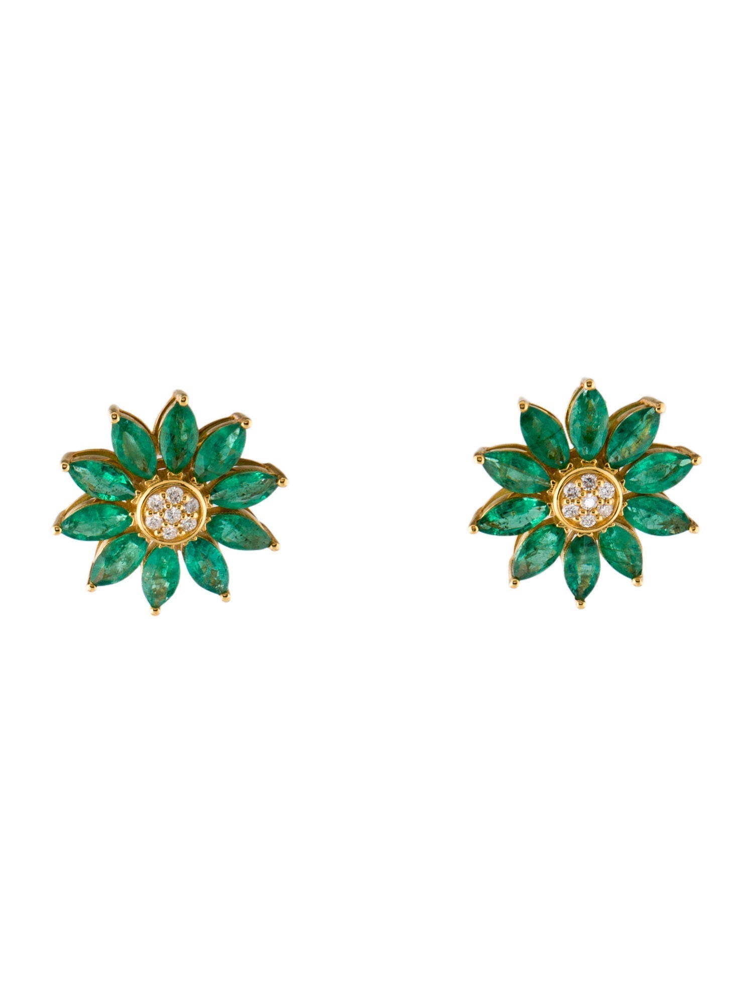 Nina Zhou 14K 3.85ctw Emerald & Diamond Flower Stud Earrings