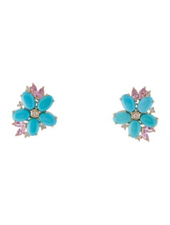 Nina Zhou 14K Diamond, Turquoise, & Sapphire Blossom Stud Earrings