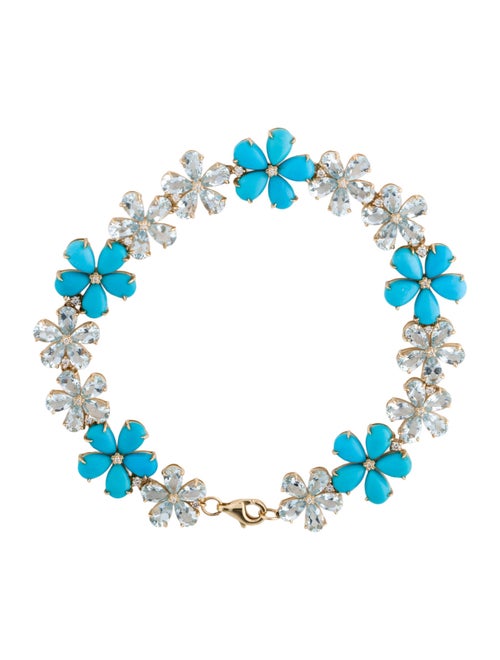 Nina Zhou 14K 10.20ctw Aquamarine, Turquoise & Diamond Cherry Blossom Flower Link Bracelet