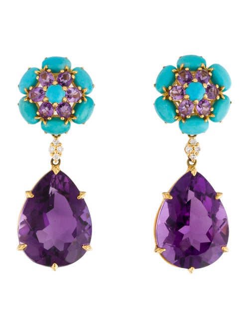 Nina Zhou 14K Amethyst, Turquoise & Diamond Drop Earrings