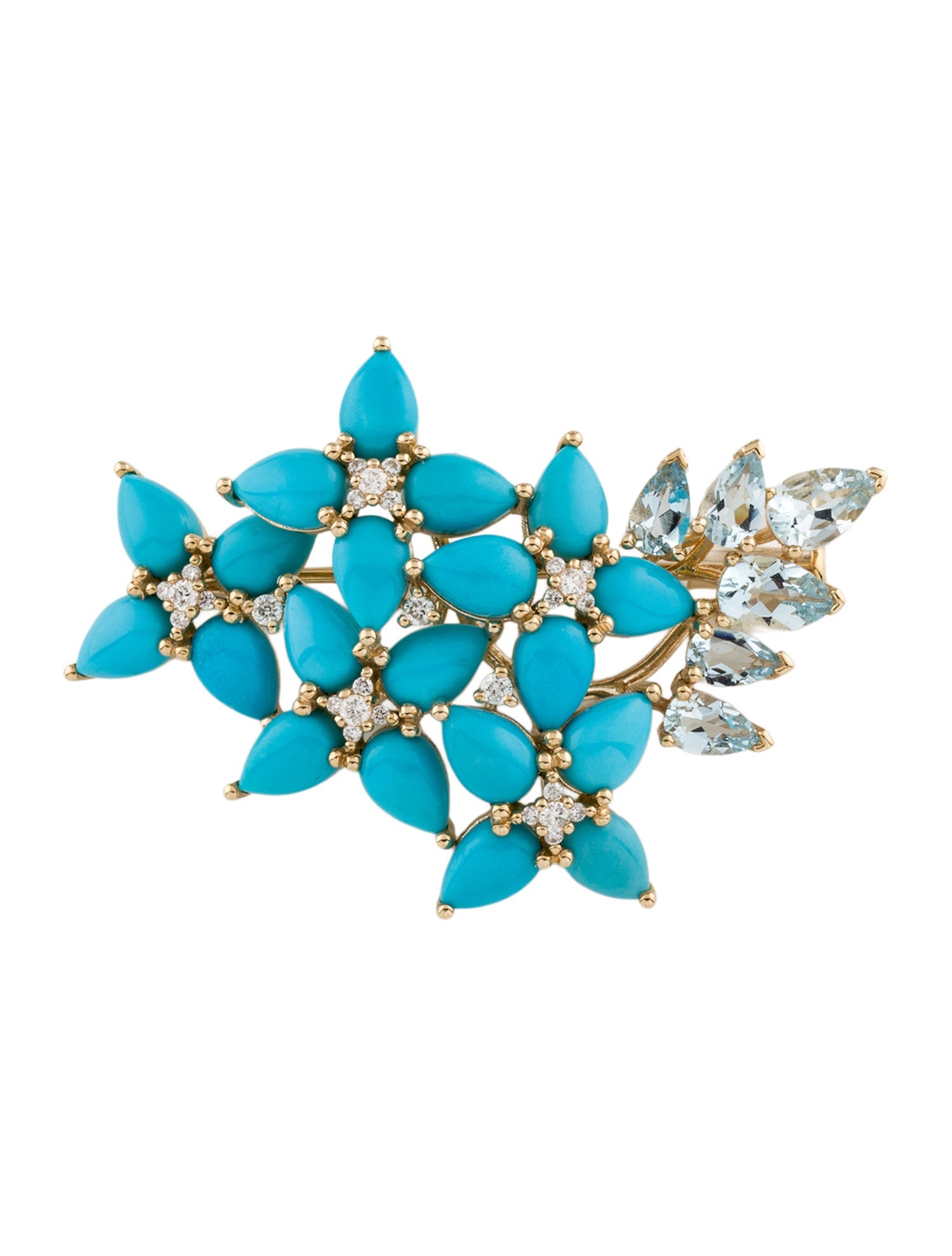 Nina Zhou 14K 8.00ct Turquoise, Aquamarine & Diamond Hydrangea Blossom Brooch