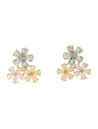 Nina Zhou 14K Aquamarine Moonstone Opal & Diamond Flower Blossom Earrings