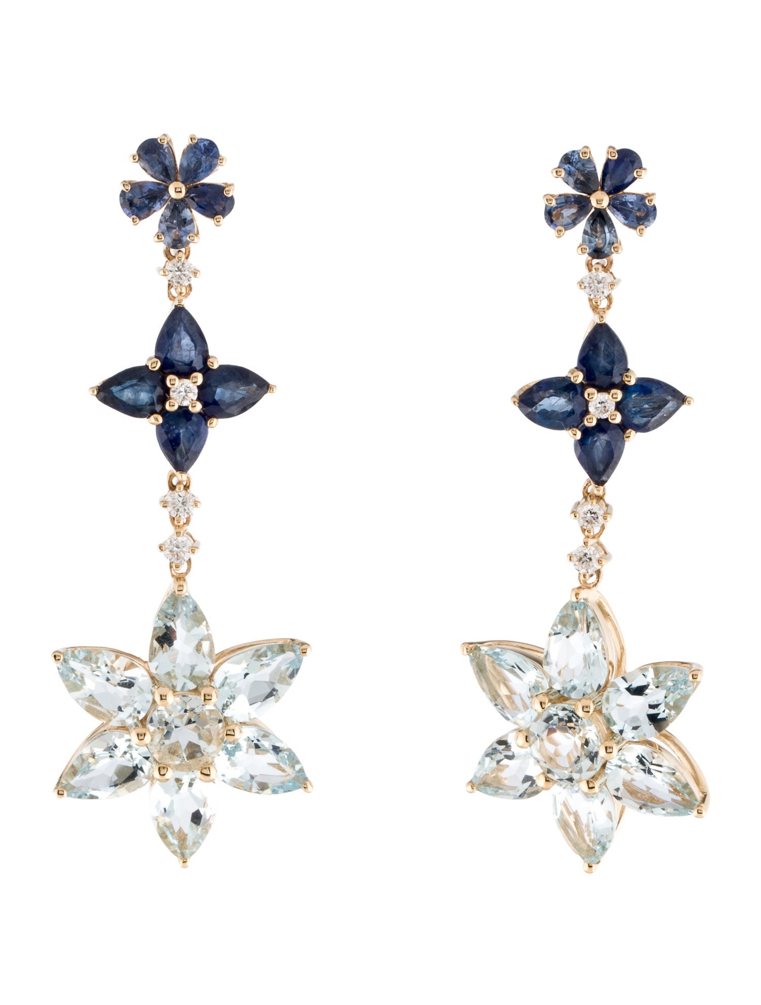 Nina Zhou 14K Aquamarine, Sapphire & Diamond Blossom Drop Earrings