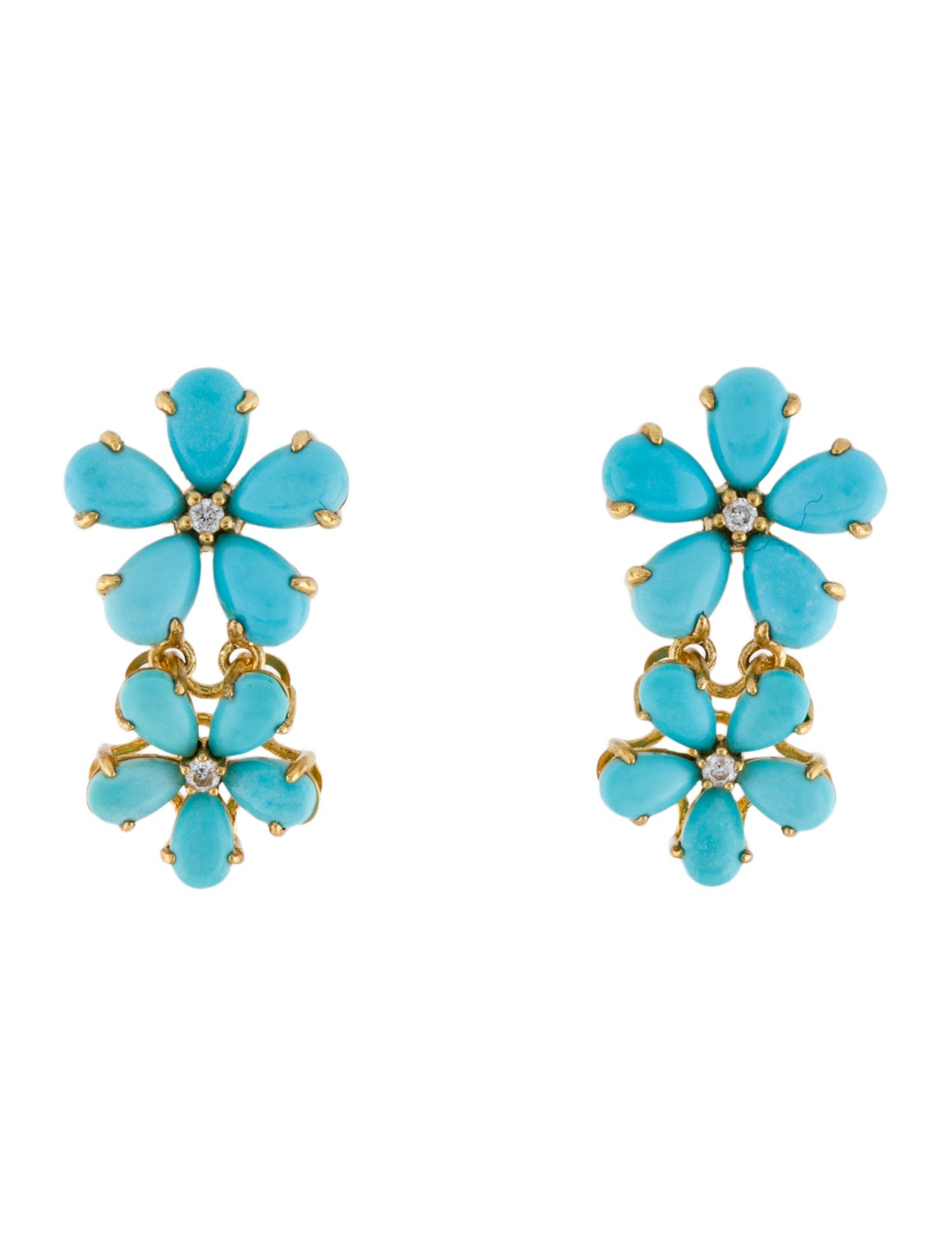 Nina Zhou 18K Turquoise & Diamond Double Blossom Drop Earrings