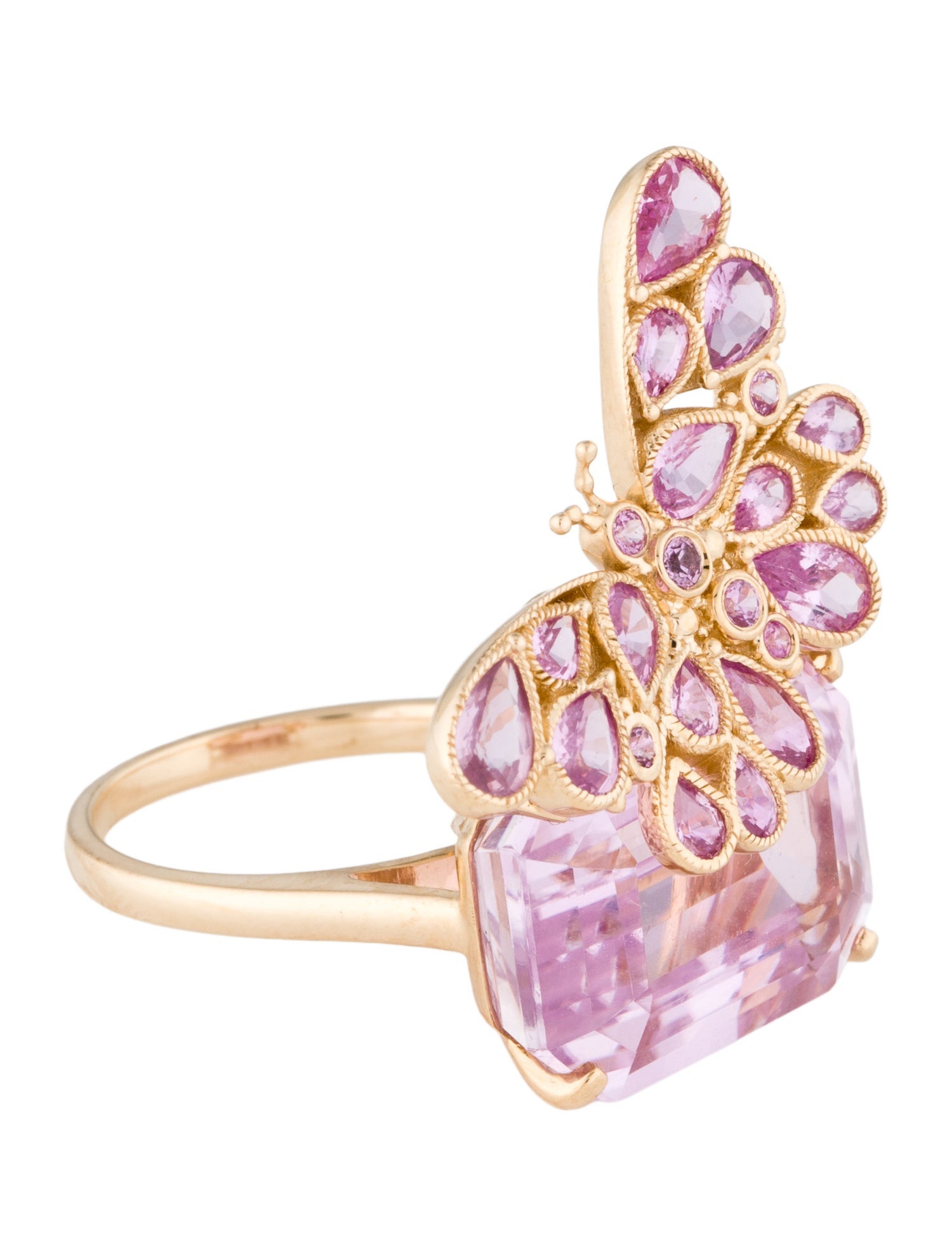 Nina Zhou 14k Kunzite & Pink Sapphire Butterfly on Rock Ring