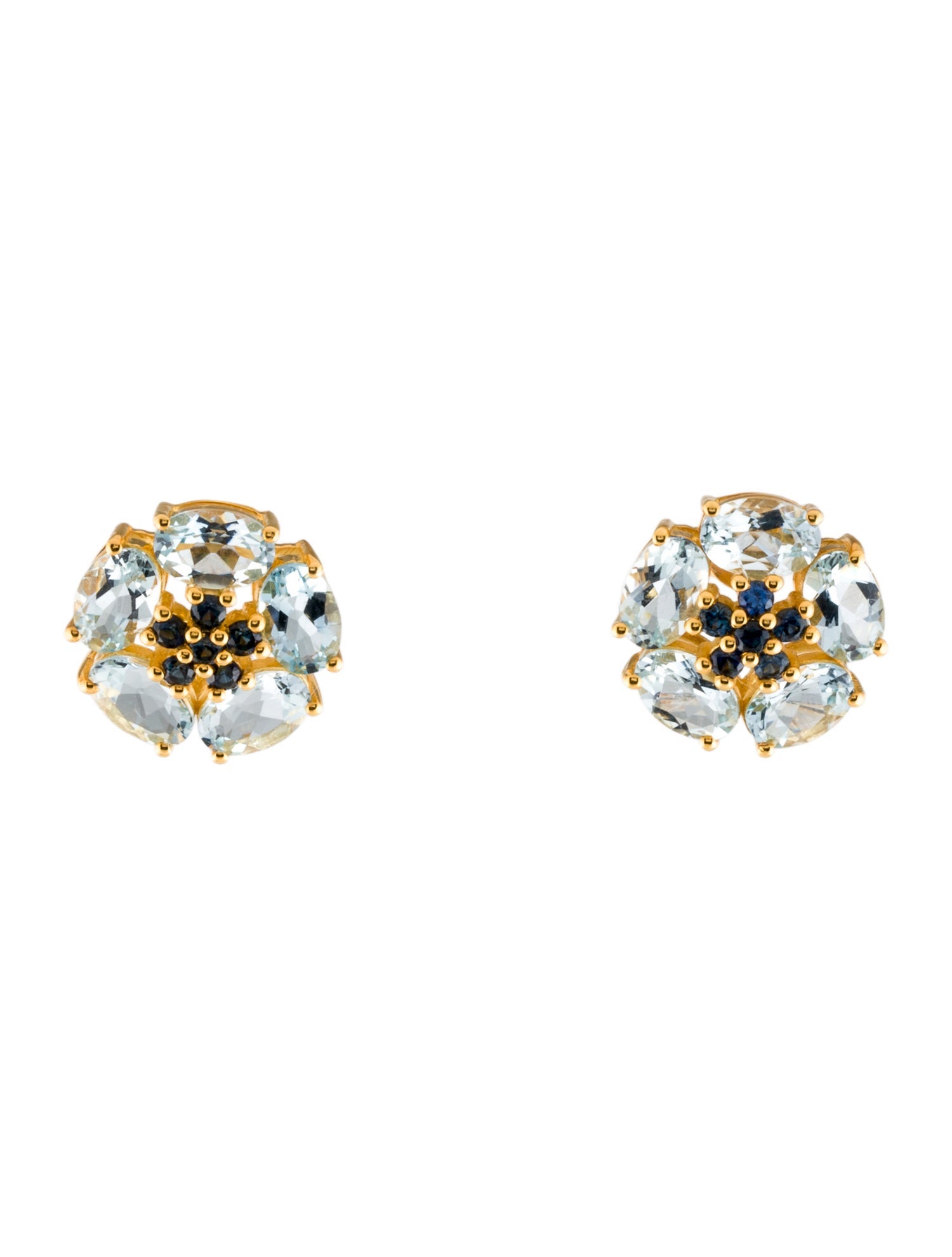Nina Zhou 14K Aquamarine & Sapphire Flower Stud Earrings