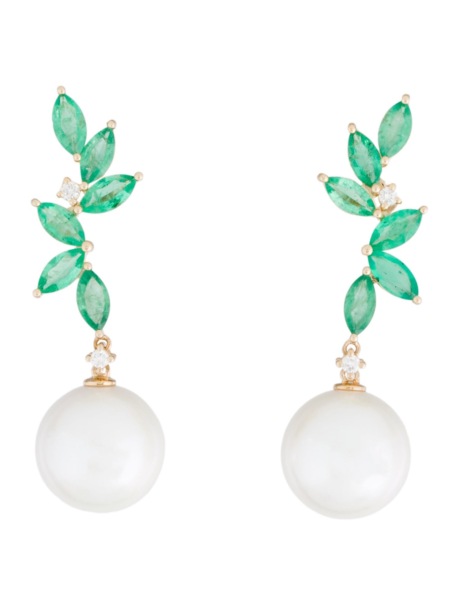 Nina Zhou 14K Pearl, Emerald & Diamond Drop Earrings