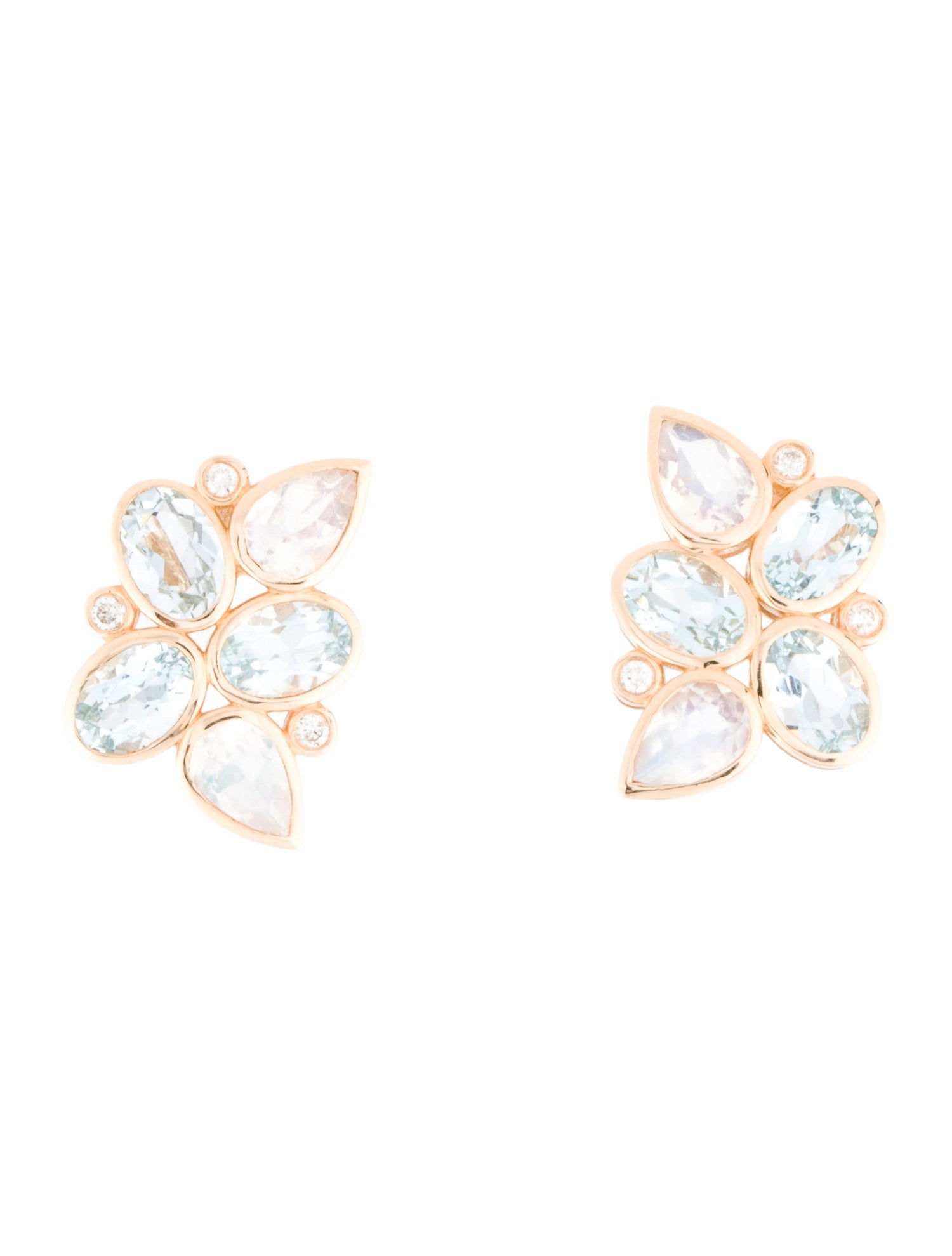 Nina Zhou 14K Elizabeth 2.70ctw Aquamarine, Moonstone & Diamond Cluster Stud Earrings