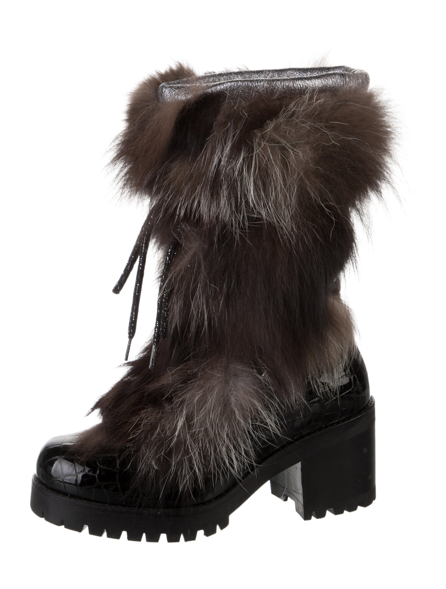 NiS Patent Leather Fur Trim Lace-Up Boots