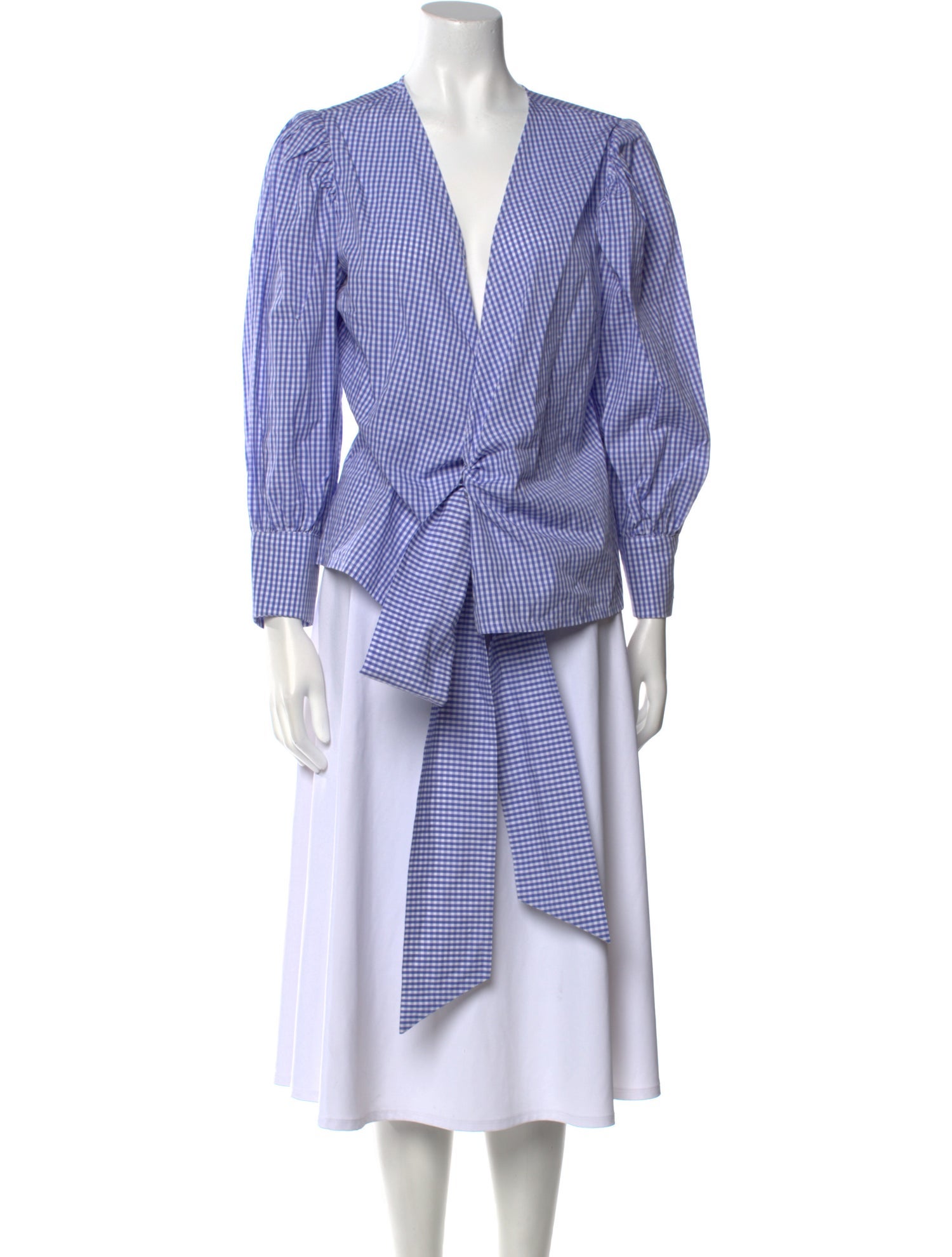 Nina Blanc Plaid Print V-Neck Blouse