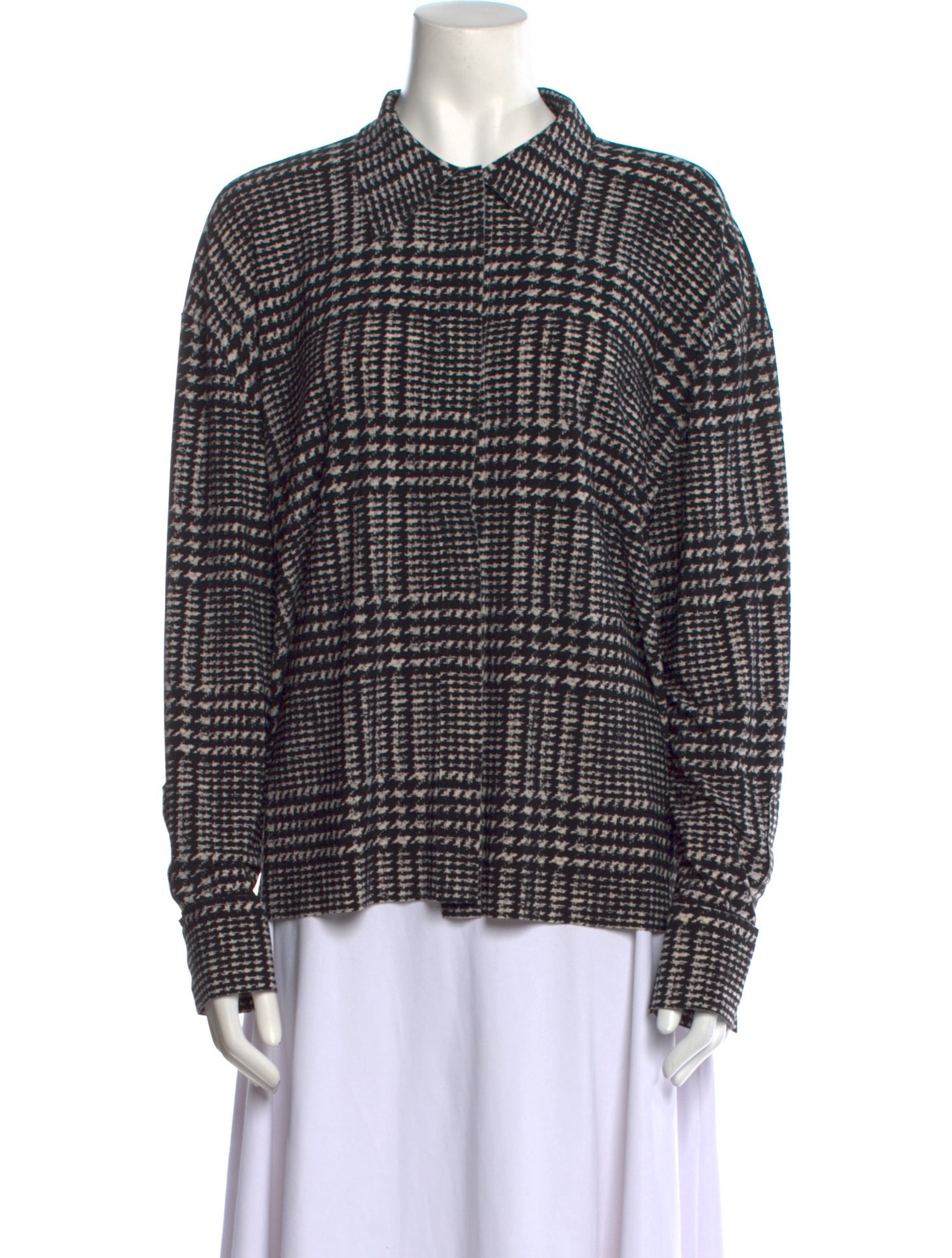 Norma Kamali Houndstooth Print Long Sleeve Button-Up Top