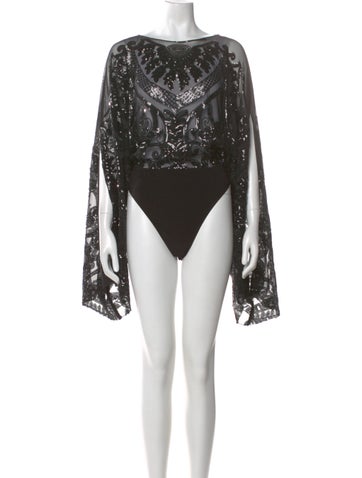 Pre-owned Norma Kamali Patterned Bateau Neckline Bodysuit W/ Tags In Black