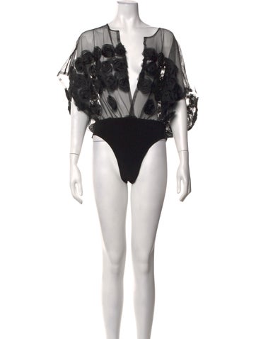 Pre-owned Norma Kamali Floral Print Plunge Neckline Bodysuit In Black