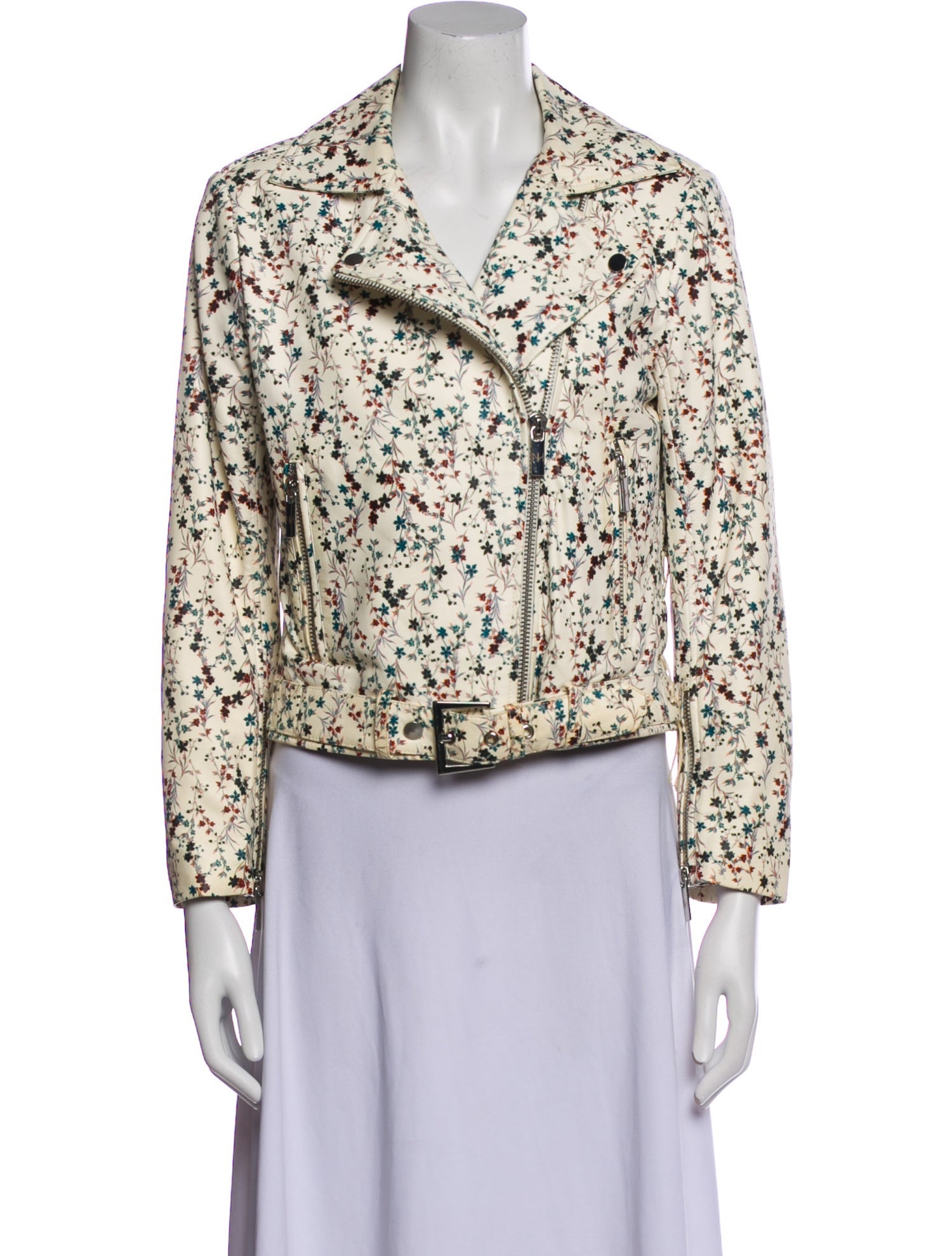 Nour Hammour Leather Floral Print Biker Jacket