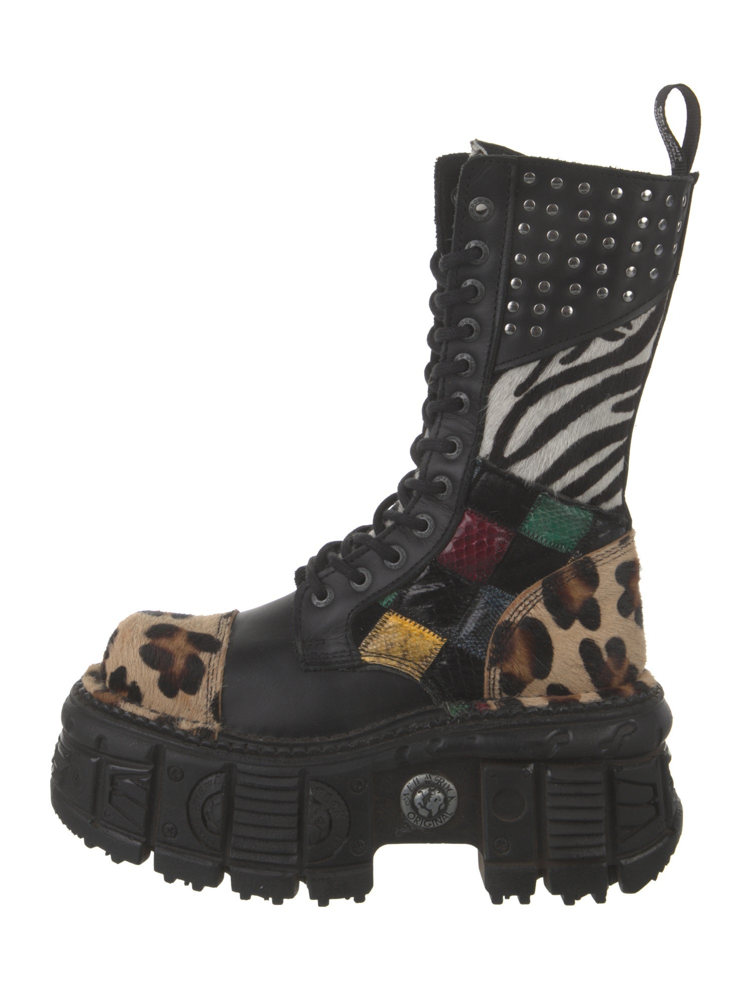New Rock Leather Animal Print Combat Boots