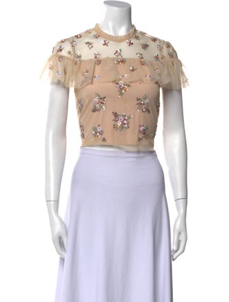 Needle & Thread Floral Print Crew Neck Crop Top