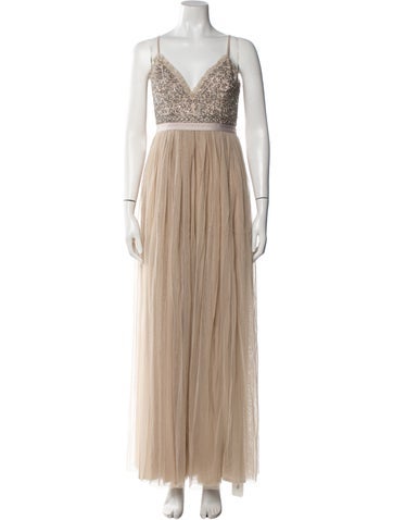 Pre-owned Needle & Thread V-neck Long Dress In Neutral