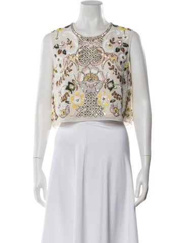 Pre-owned Needle & Thread Floral Print Crew Neck Crop Top In White