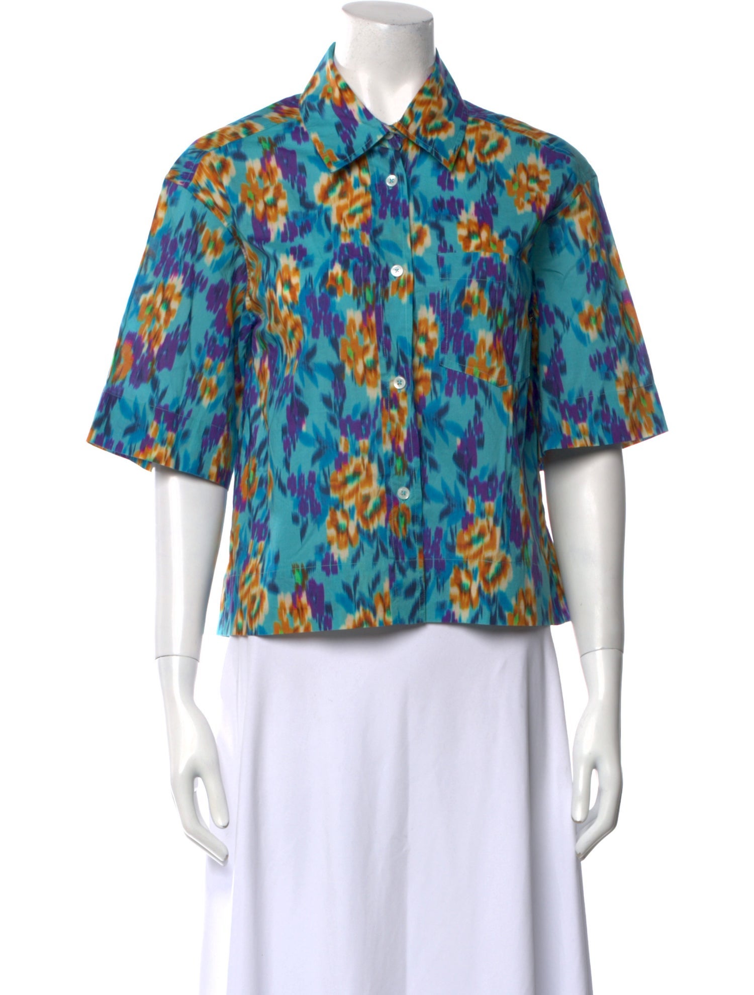 Megan Park Printed Three-Quarter Sleeve Button-Up Top
