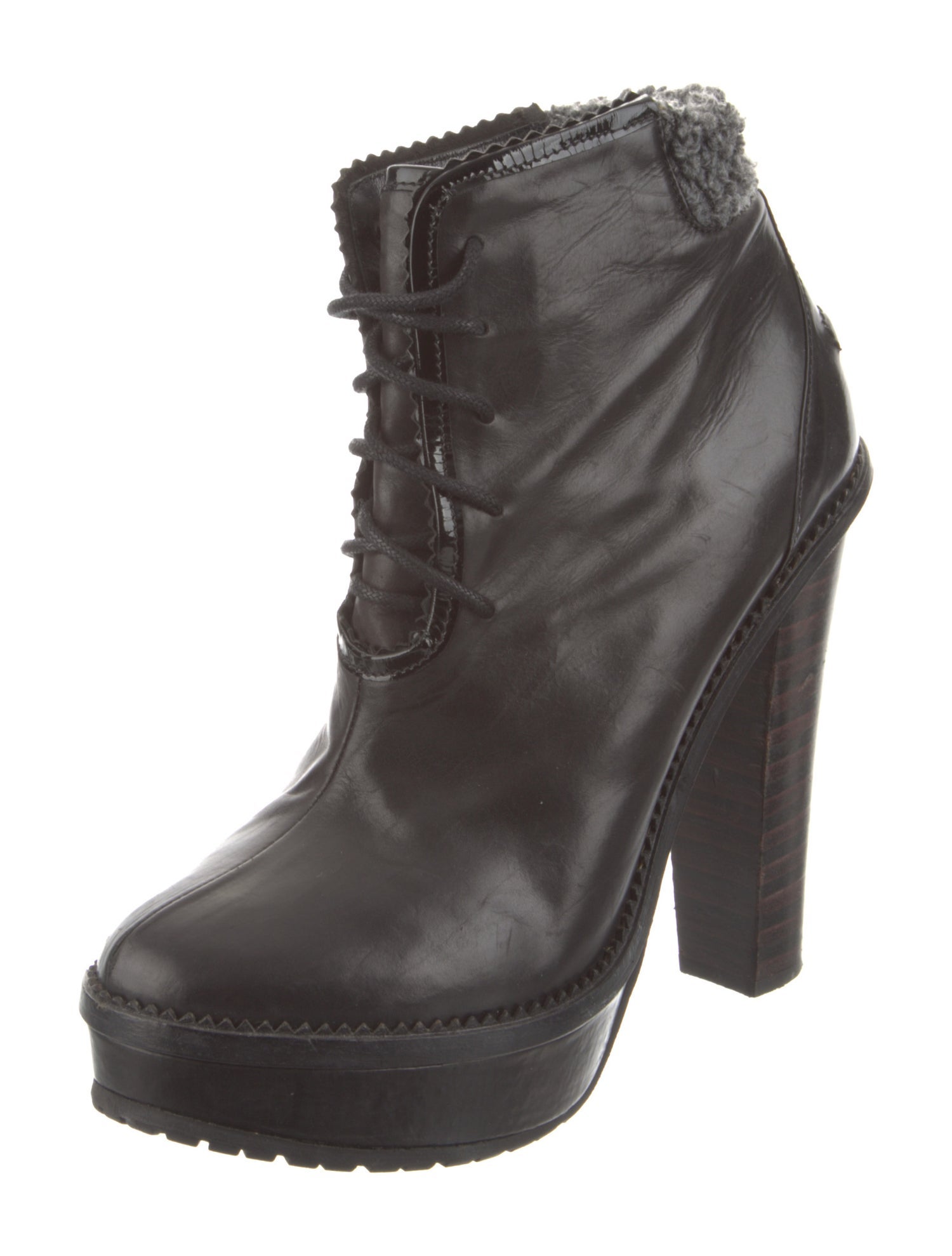 Opening Ceremony Leather Fur Trim Lace-Up Boots