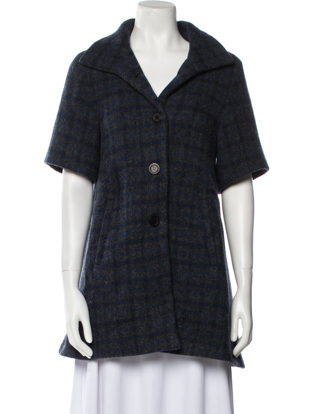 Opening Ceremony Wool Coat Blue Plaid Print Stand Collar Short Slit Pockets &