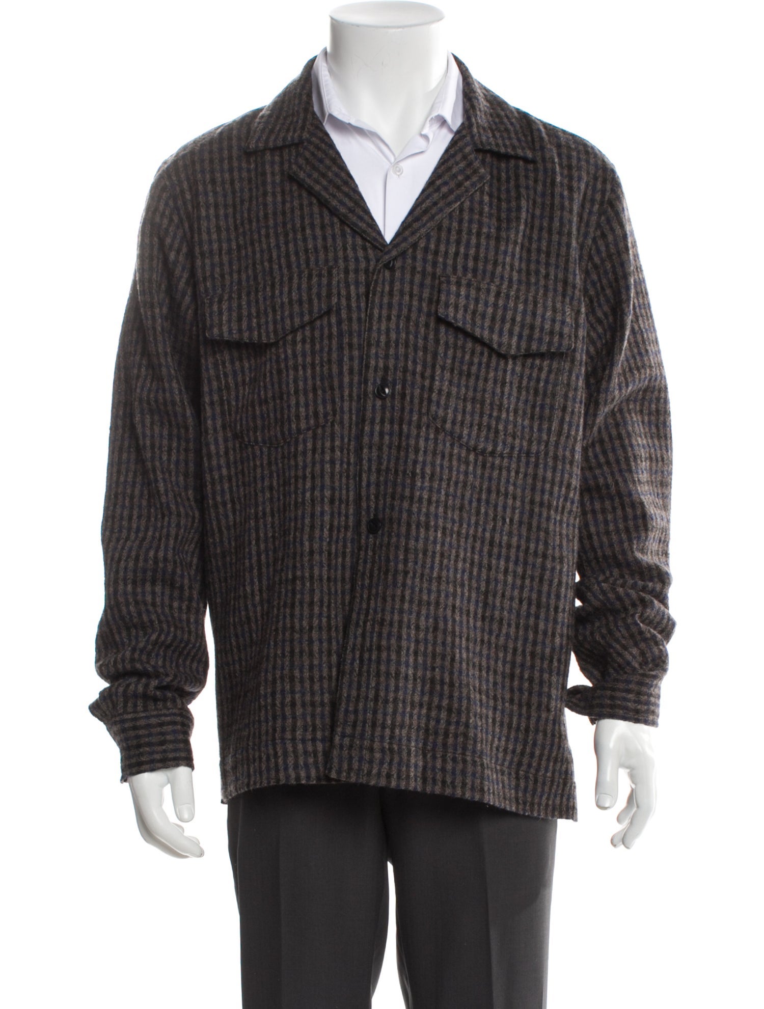 Officine Generale Virgin Wool Plaid Print Peacoat