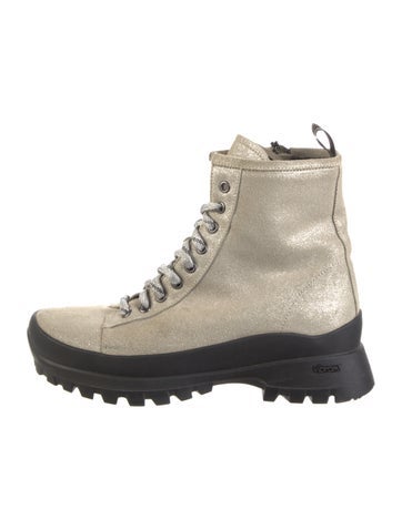 Pre-owned P448 Suede Colorblock Pattern Combat Boots In Neutral
