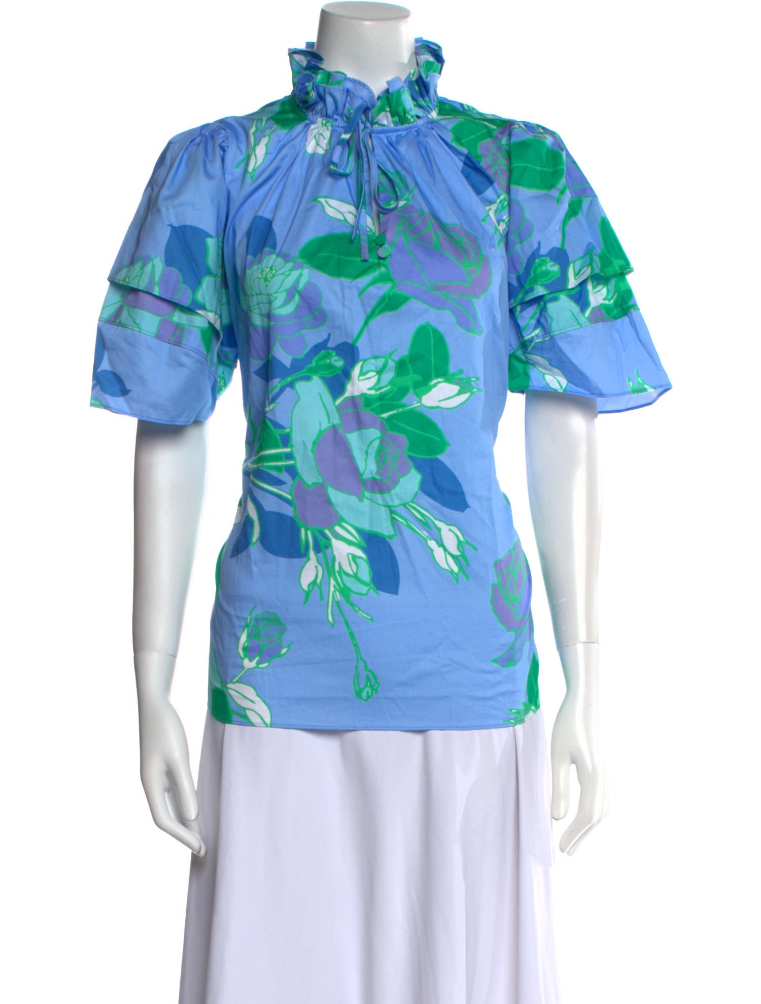 Patty Kim Floral Print Mock Neck Button-Up Top