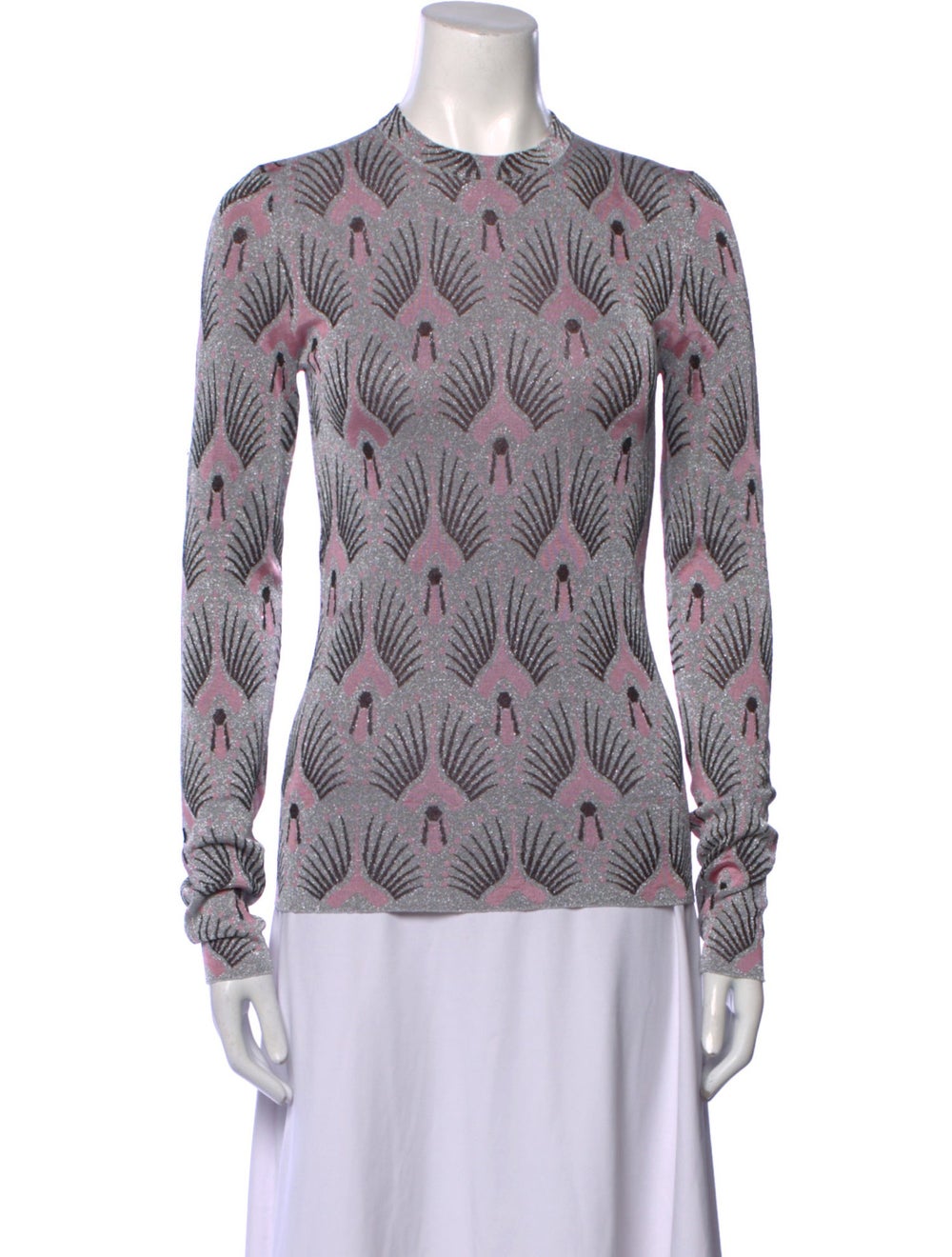 Paco Rabanne Button-Up Top Metallic & Pink Printed Crystal Embellishments Long Sleeve