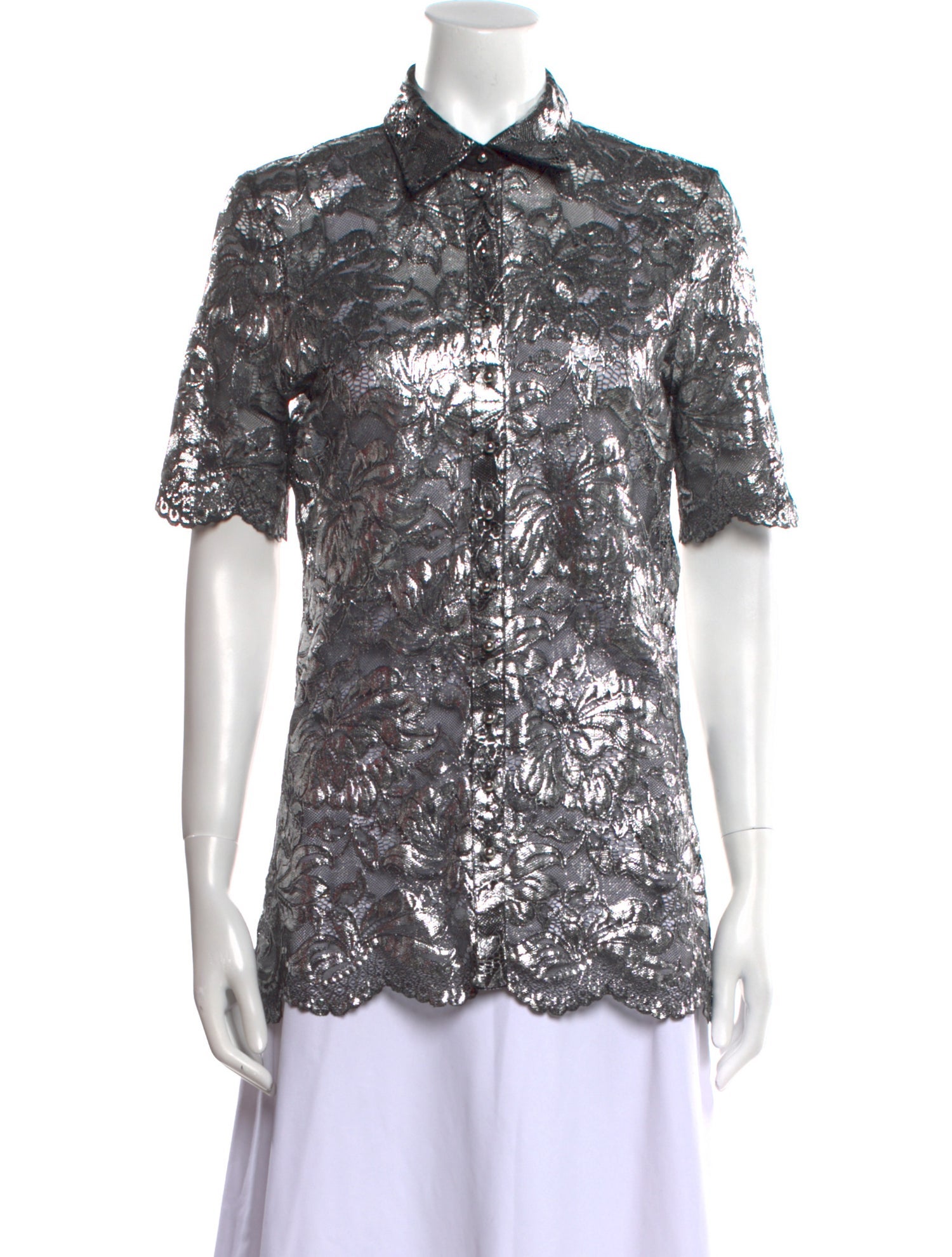 Paco Rabanne Nylon Lace Pattern Button-Up Top