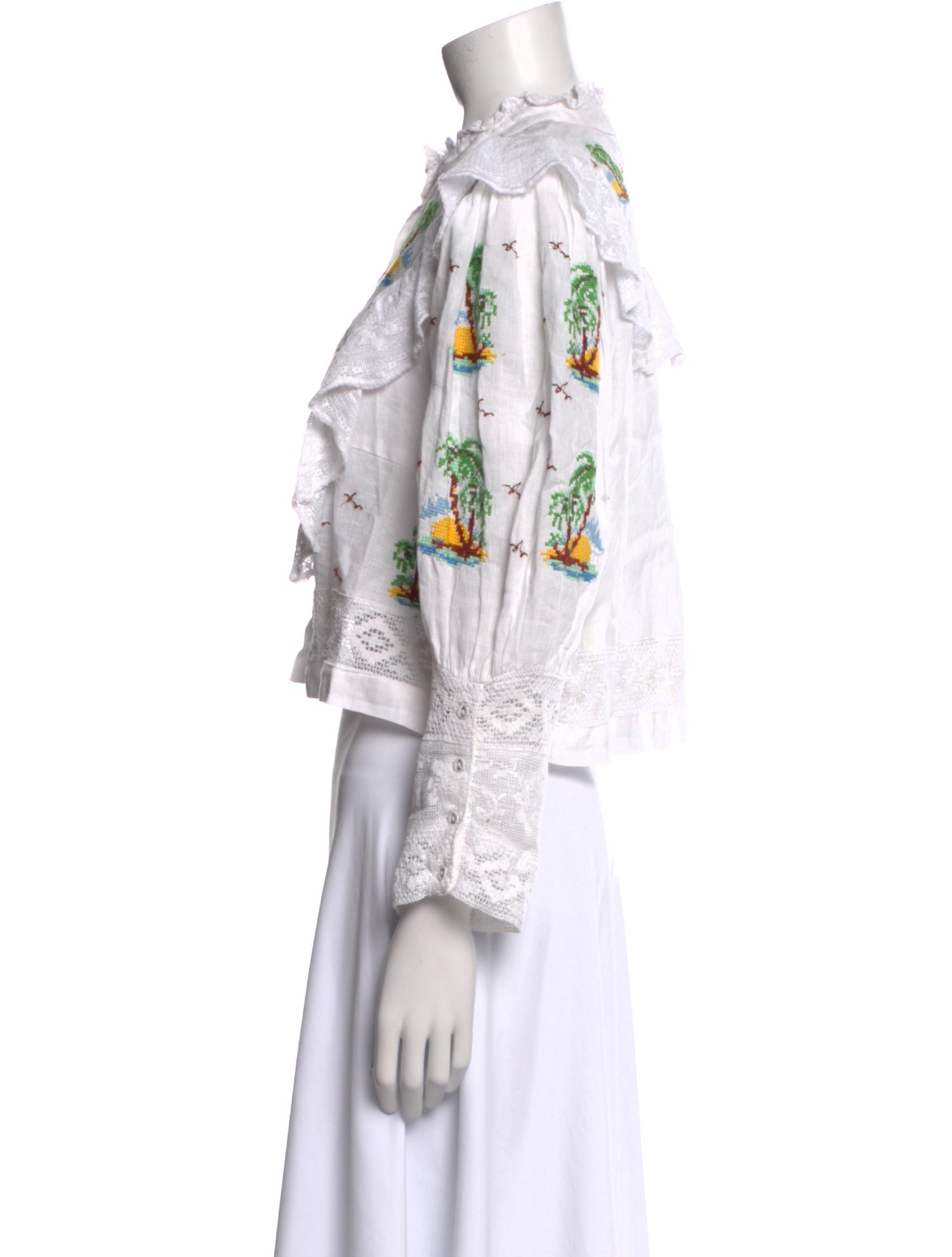 Place Nationale Linen Lace Pattern Crop Top