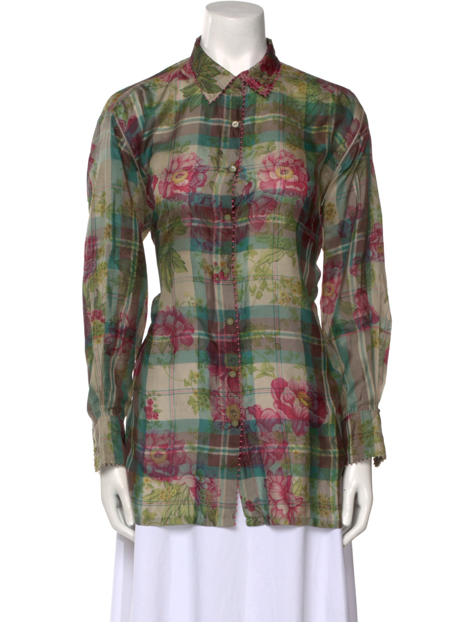 Péro Silk Plaid Print Button-Up Top