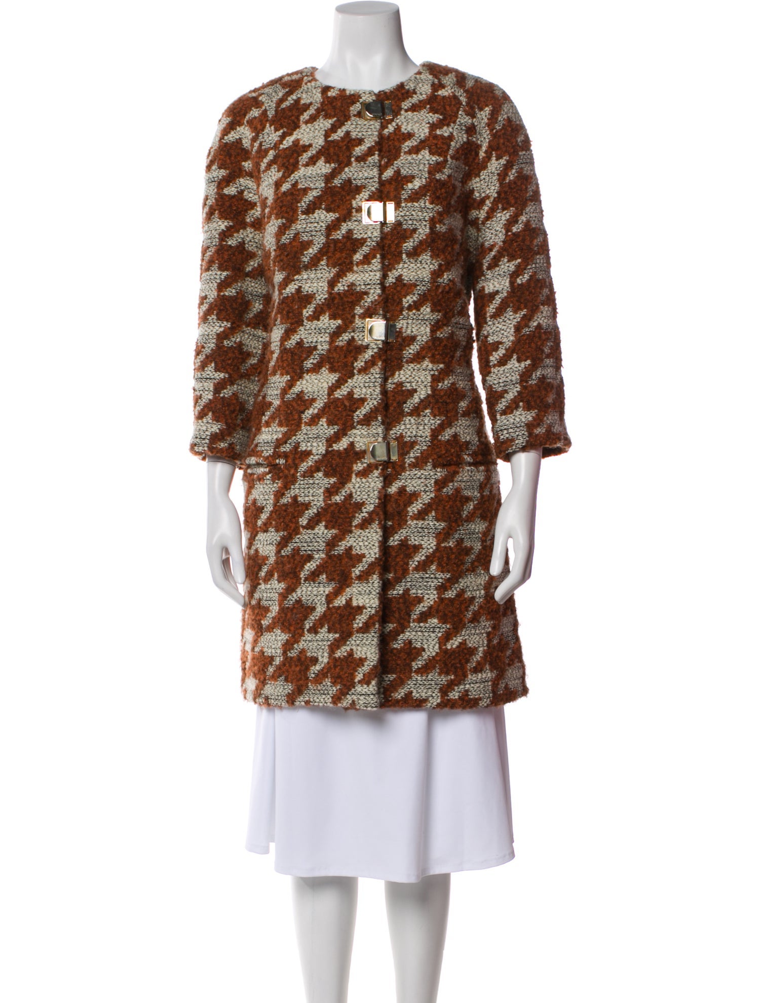 Pinko Virgin Wool Houndstooth Print Faux Fur Coat