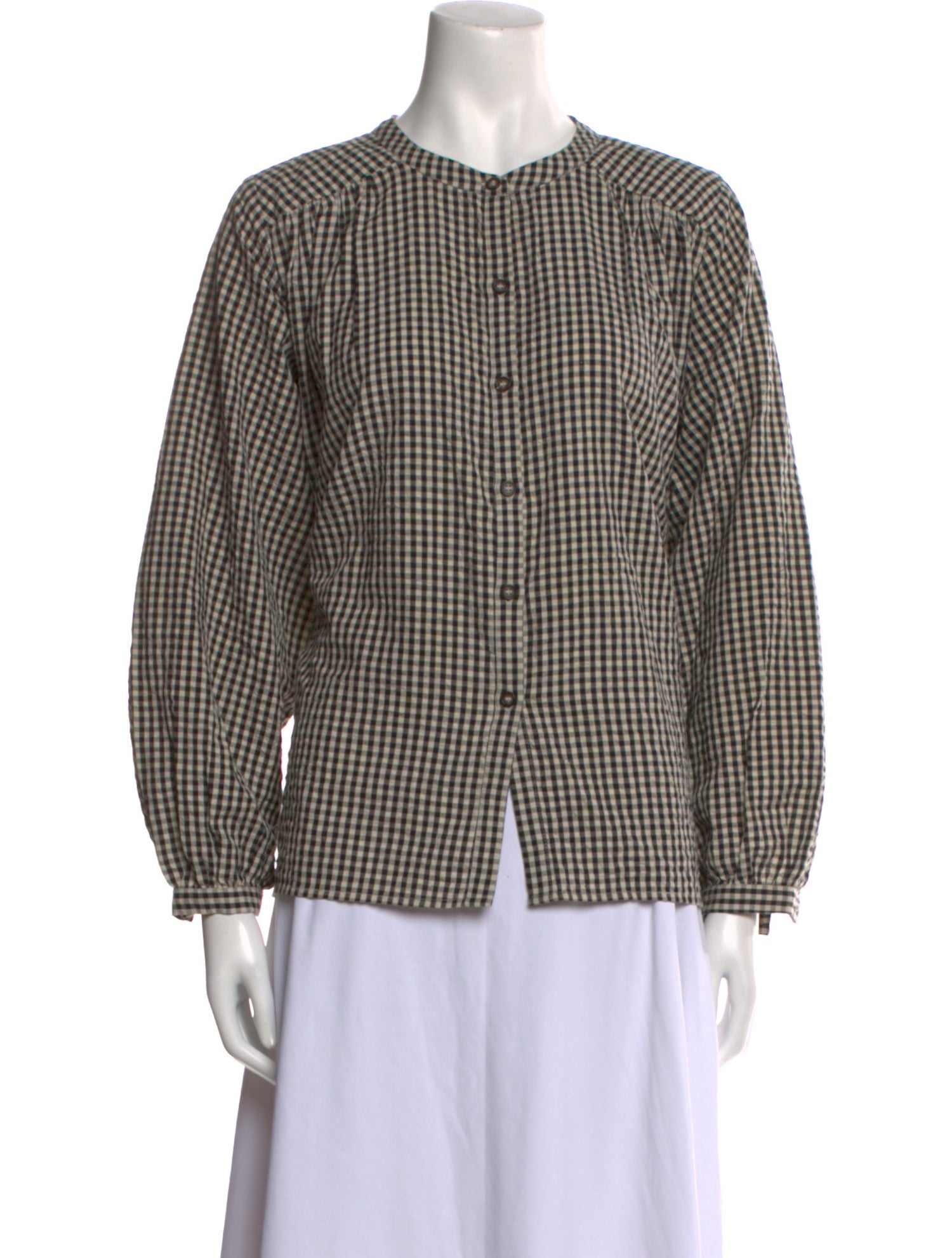 Posse Plaid Print Crew Neck Button-Up Top