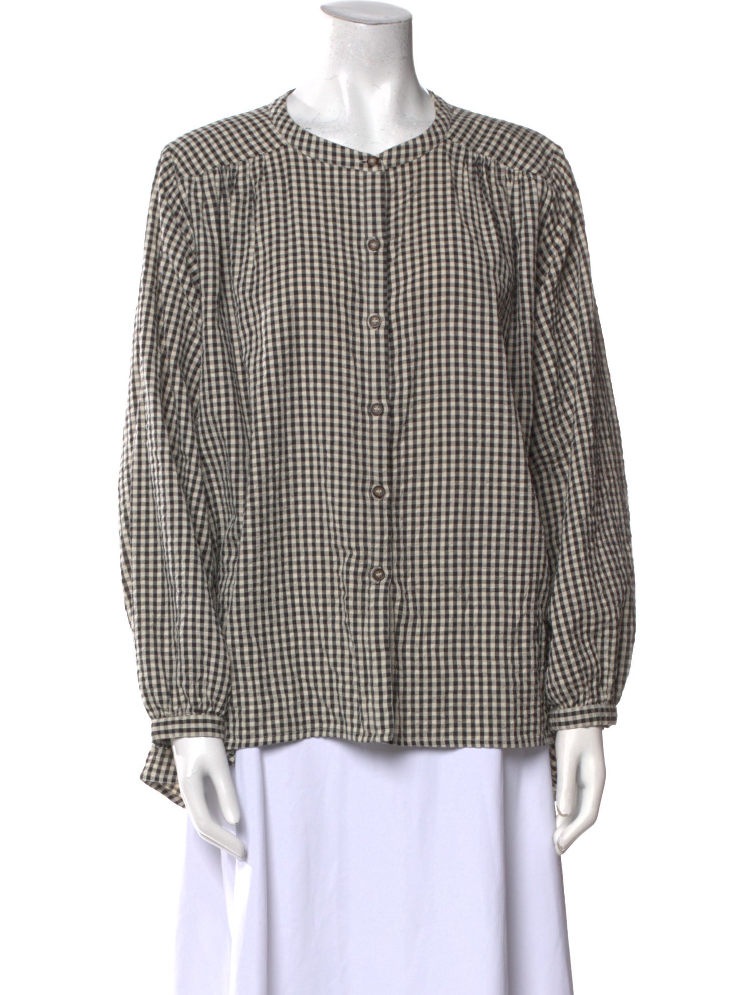 Posse Plaid Print Crew Neck Button-Up Top