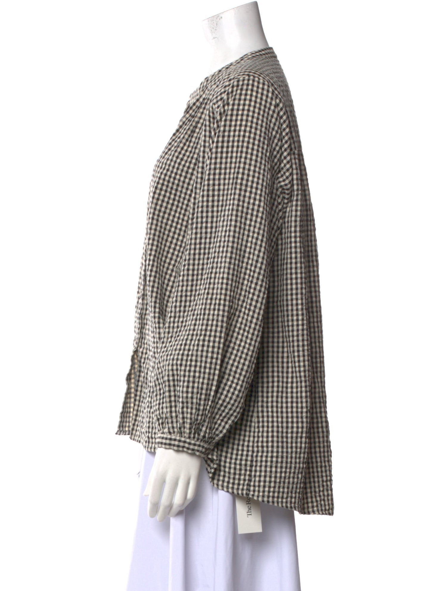Posse Plaid Print Crew Neck Button-Up Top