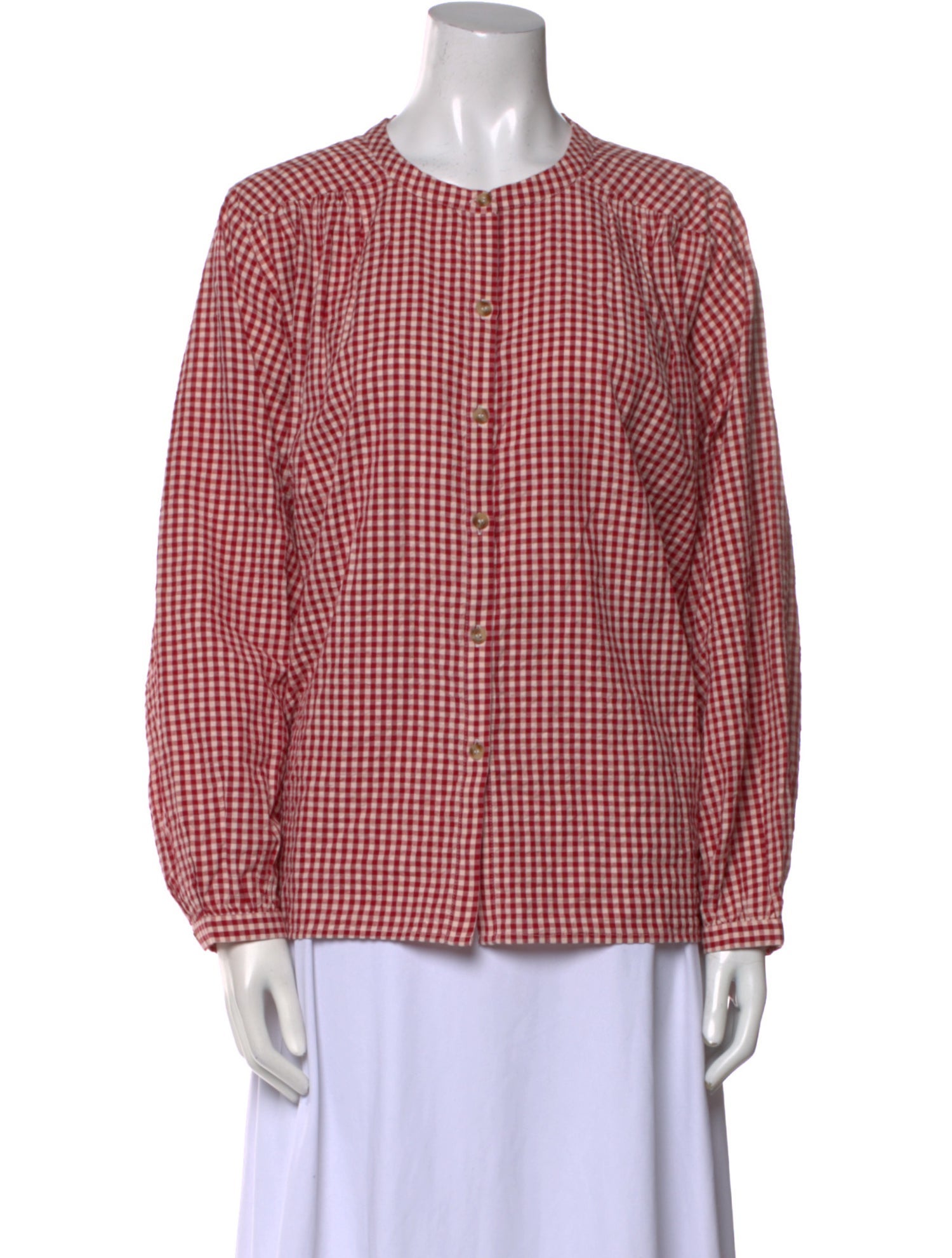 Posse Plaid Print Crew Neck Button-Up Top