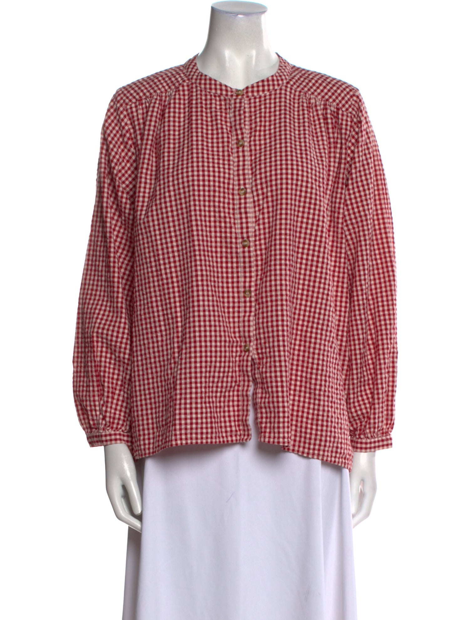 Posse Plaid Print Crew Neck Button-Up Top
